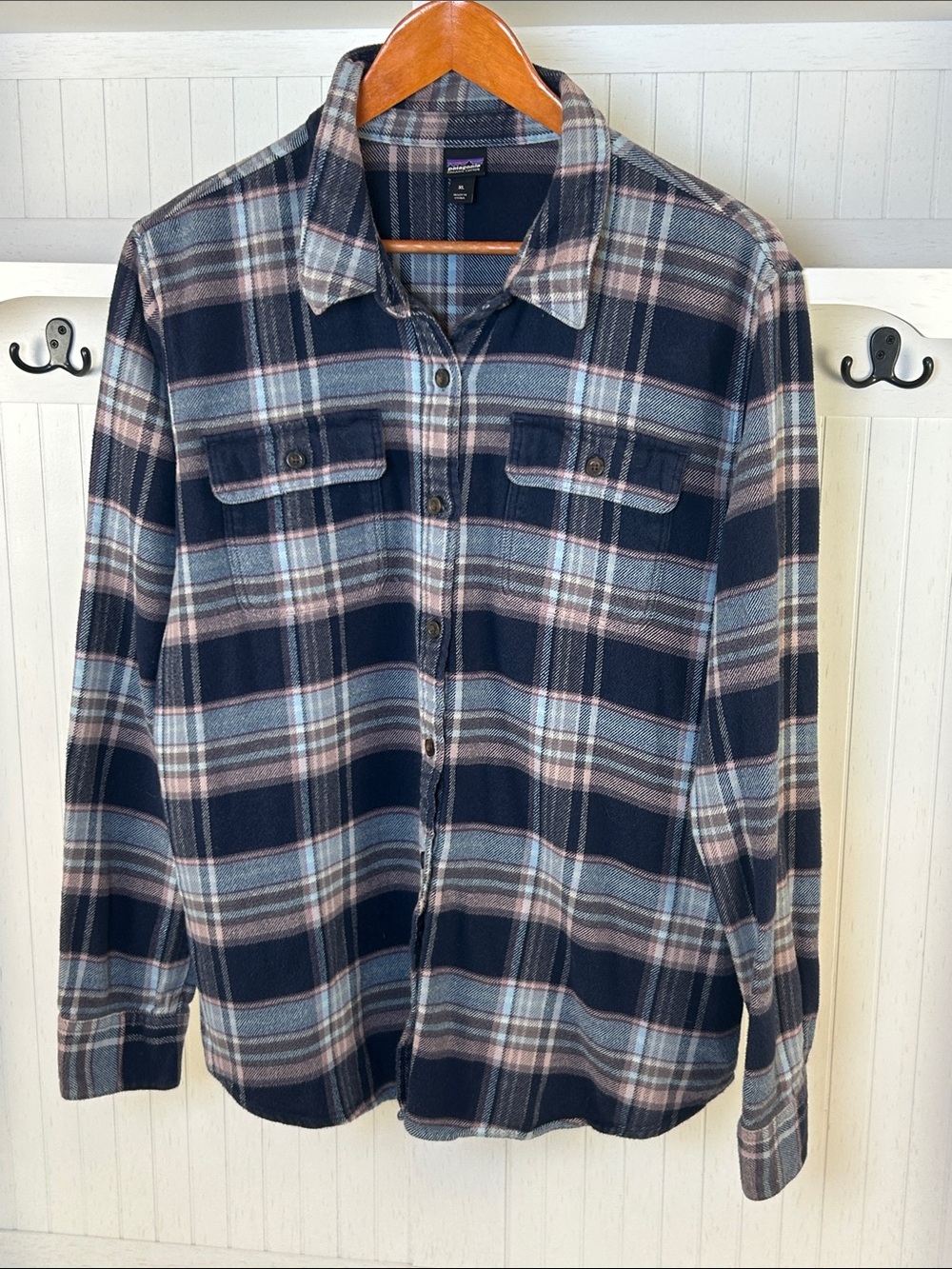 Patagonia Fjord Flannel Blue Gray Plaid Organic Cotton Shirt XL